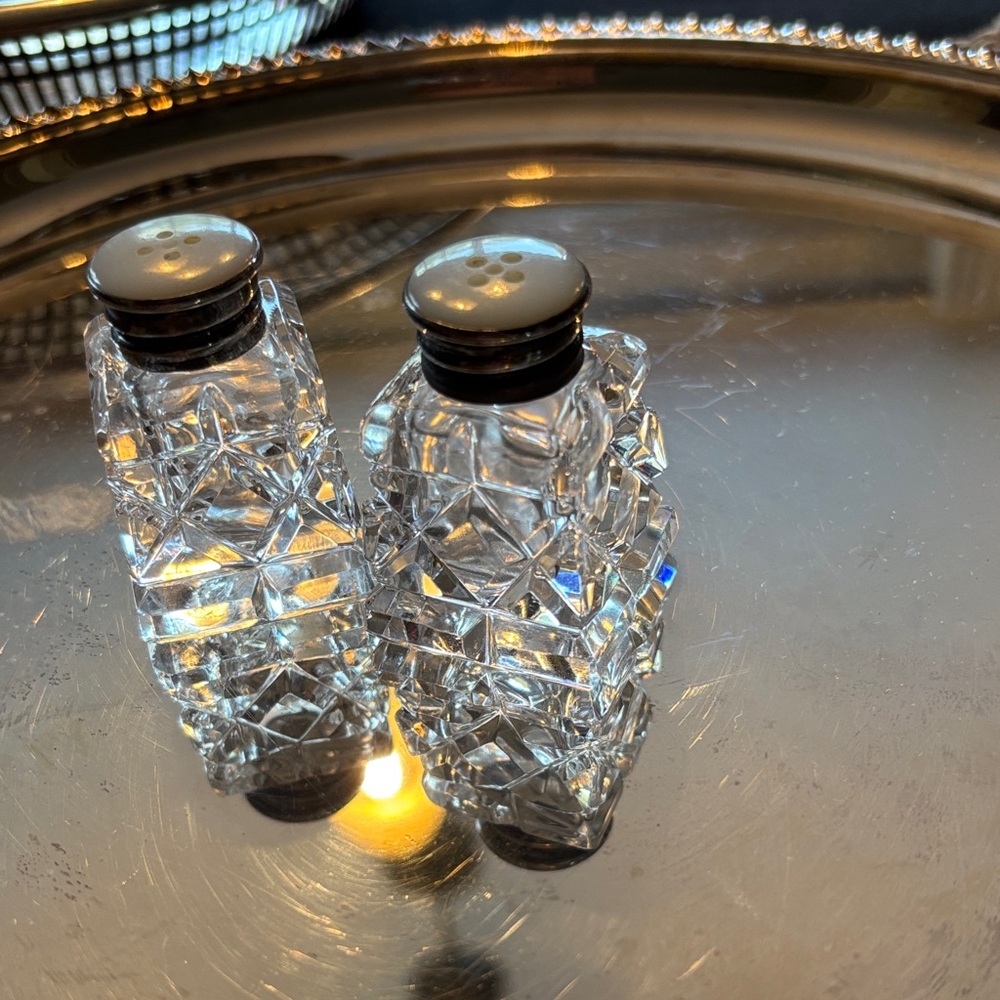 Crystal Salt and Pepper Shaker Set with sterling silver.